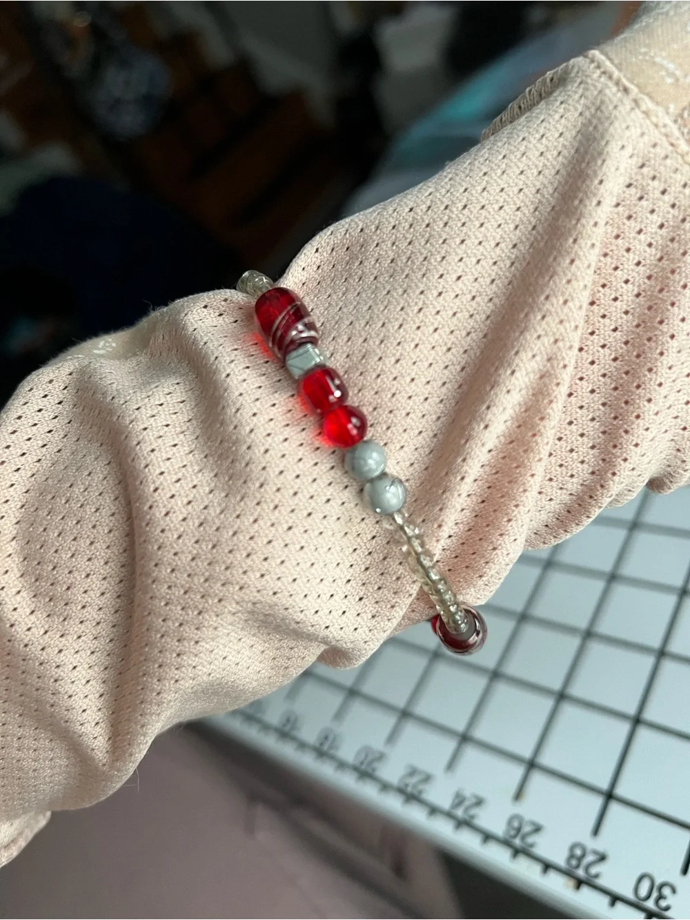 Handmade Red & Silver Glass Beaded Elastic Statement Bracelet
